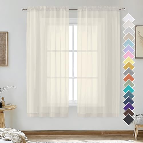 OVZME Cream Sheer Curtains 63 Inches Long 2 Panels - Soft Light Filtering Window Sheer Panels for Living Room/Bedroom, Top Dual Rod Pocket, 1 Pair, Each 42Wx63L Inches