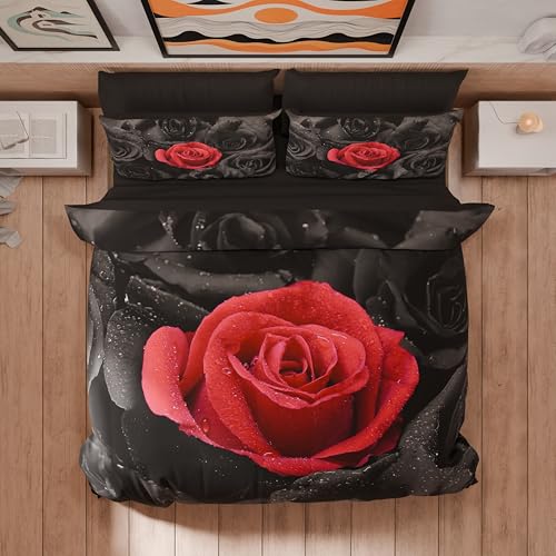 PETTI Artigiani Italiani - Double Duvet Cover Set 240 x 220 cm (2 Pillowcases 63 x 63 cm Included), Microfibre Duvet Cover Set with Black Roses Digital Print - Made in Italy