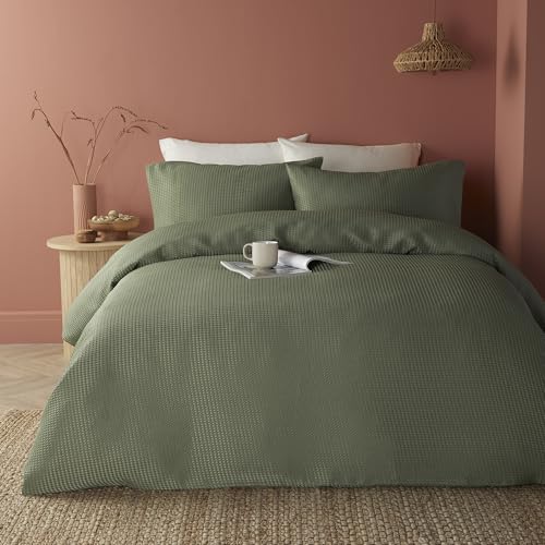 Lindly Collection - Serene Green Waffle Duvet Cover - Single Size (140 x 200cm) - Soft Touch - Luxury - Grid Pattern Textured Duvet Cover in Khaki Green - Square Puckered Bedding