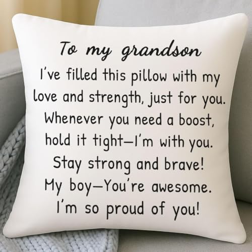 HERHOME to My Grandson White Throw Pillow Cover 18 x 18 Inch, Gifts for Grandson from Grandma Grandpa, Christmas Birthday Cushion Case Gifts for Boys
