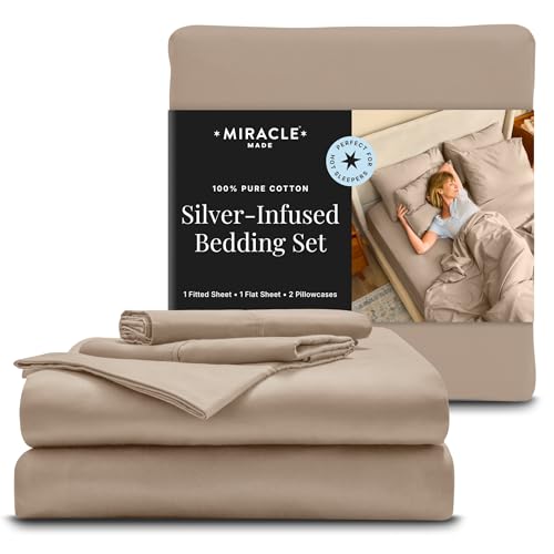 Miracle Made Extra Luxe Bed Sheets Set – Sand, King – 4 Piece Bed Sheet Set Infused with Natural Silver, 500 Thread Count USA-Grown Cotton Sheets, Ultra-Breathable, Extra Soft Bedding Set