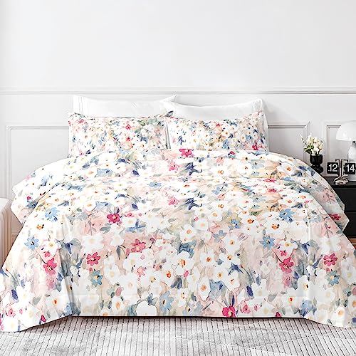 HCORA Floral Queen Sheet Set, Luxury 1800TC Hotel Quality Double Brushed Microfiber Deep Pocket Bed Sheets, Ultra Soft, Breathable and Cooling, 4PC, Queen Size