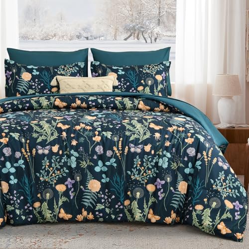 Yiran Comforter Set Queen Size, 7 Piece Peacock Blue Floral Comforters Lightweight Bedding Set Bed in a Bag Soft Microfiber Complete Botanical Beds Sets with Sheets for All Season Spring Summer