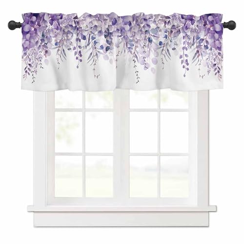 Curtain Valance for Windows Purple Eucalyptus Rod Pocket Valance Window Treatments 1 Panel Watercolor Leaves Short Curtains for Kitchen Windows Bathroom Bedroom 54x18in
