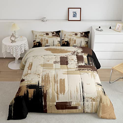 Feelyou Abstract Bedding Set Kids Modern Abstract Art Comforter Set Brown Grey Black Comforter for Boys Room Decor Lightweight Duvet Set Queen Size with 2 Pillow Case