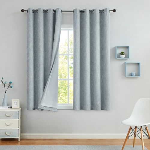 "Blue Solid Full Blackout Curtain Heavy Linen Texture Window Treatment for Bedroom Noise Reducing 100 Room Darkening Drapes 8 Grommets Top for Living Room with Liner, Chambray Blue, 50"" x 63"", 2 Panels"