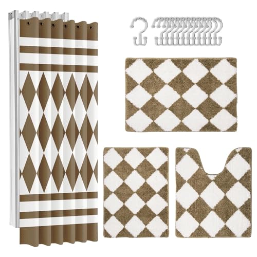 Britimes Beige Geometric Bathroom Sets with Shower Curtain and Rugs, Ombre Modern Minimalist Striped Waterproof Shower Curtain Liner and Soft Non Slip Bath Mat for Bathroom Decor and Accessories Hooks