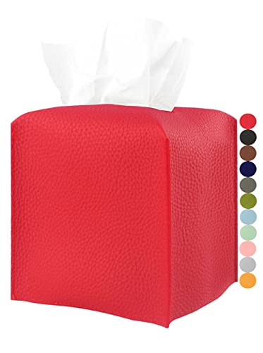 Red Tissue Box Cover Square ??? with Bottom Belt [JESMINI, Red] Modern PU Leather Tissue Cube Box Holder Decorative for Bathroom Vanity Countertop/Night Stands/Office Desk, 5x5x5