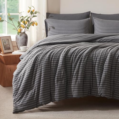 Voguease Queen Comforter Set, Comforters Queen Size Luxury Ultra-Soft Jersey Knit Bedding Sets, Strip/Dark Gray Lightweight Down Alternative Bed Comforte Queen for All Season, 3 Piece Bedding Setrey