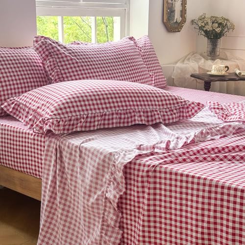 NSNLGSGC Red Gingham Ruffle Full Sheet Set, Red Soft Pre-Washed Microfiber Plaid Full Bed Sheets, 4-Pieces Farmhouse Sheet Set with Deep Pocket