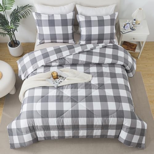 Caressma Full Size Plaid Comforter Set, Gray Buffalo Check Bedding Set - Classic Gingham Pattern Print Soft Microfiber 3 Pieces Boy Comforter Bed Set with Pillowshams for All Seasons