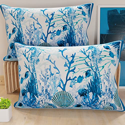 PETTI Artigiani Italiani - Bed Pillowcases, Set of 2 Pillow Covers 40x70 cm, Cushion Cover in Hypoallergenic Microfibre, Made in Italy, Corallo Blu Pattern