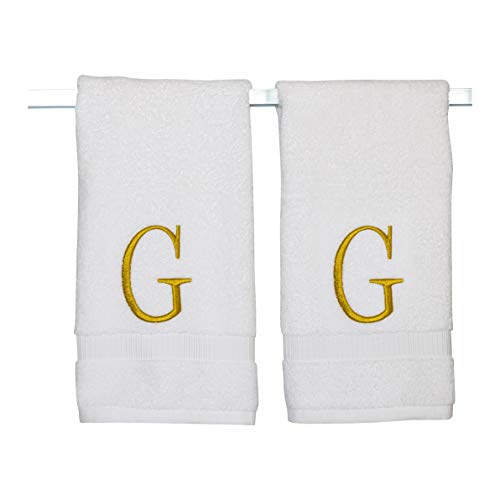 White with Gold Monogrammed Hand Towels for Bathroom - Set of 2 Letter G - Luxury Hotel Quality Initial Towels For Powder Room, Spa, GOTS Organic Certified