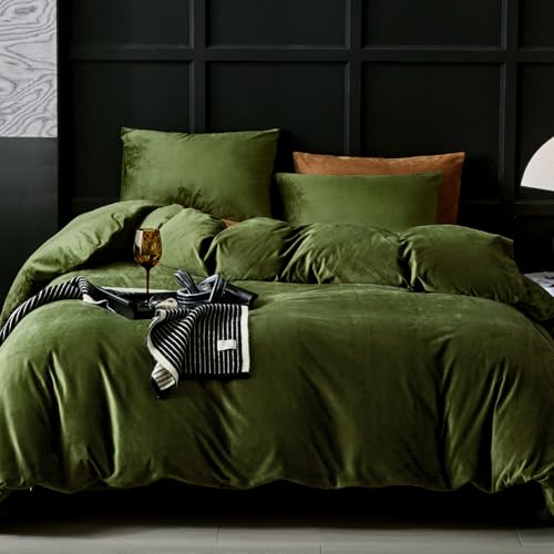WARMDERN Olive Green Velvet Duvet Cover Queen Size Flannel Duvet Cover Bedding Sets, 3pcs Ultra Soft Luxury Textured Modern Crystal Velvet Duvet Covers with Zipper Closure(Olive Green, Queen)