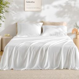 "GOKOTTA King Size Bed Sheets 4 Piece Set, Super Soft Bamboo Sheets, Cooling for Hot Sleepers - Hotel Luxury Silky Breathable Sheets, Deep Pocket Up to 16"" - Durable Double Stitched (Bright White)"
