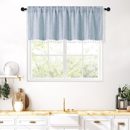 MitoVilla Boho Farmhouse Kitchen Valances for Windows, Blue French Country Valance Curtains for Living Room/Bedroom, Modern Rustic Cotton Linen Tassel Topper Window Curtain, 52??????W x 18??????L