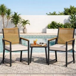 Clevich 3 Pieces Bistro Set, Garden Furniture Set with 7 cm Removable Cushion, PE Rattan Backrest, Rust-Proof Metal Frame & WPC Armrests Tabletop, Table and 2 Chairs for Patio Balcony (Beige)