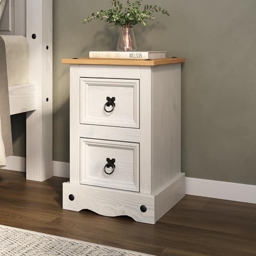 Corona White 2 Drawer Bedside Table Mexican Solid Pine Wood with Whitewash Finish 36cm W x 32cm D x 53cm H