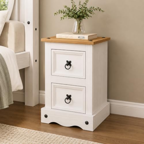 Corona White 2 Drawer Bedside Table Mexican Solid Pine Wood with Whitewash Finish 36cm W x 32cm D x 53cm H