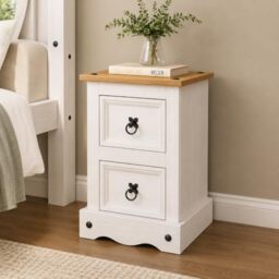 Corona White 2 Drawer Bedside Table Mexican Solid Pine Wood with Whitewash Finish 36cm W x 32cm D x 53cm H
