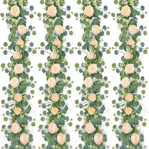 SOMYTING Artificial Flower Garlands Eucalyptus Garlands with Flowers Rose Peony Flower Vine Faux Floral Garland for Wedding Party Arch Table Wall Backdrop Decoration (Champagne, 4PCS)