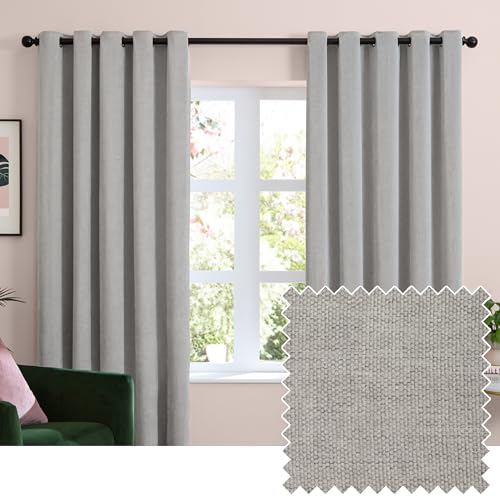 furn. Soft Chenille Blackout Eyelet Curtain Pair – Soft Touch Matt Textured Lined Minimalist Curtains (Silver - 229x229cm)
