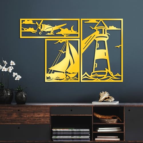 Elegant Gold Decorative Metal Wall Accessory Set (3 Pieces) - 1.5 mm Thick - Sizes: 18 x 57 cm, 41 x 33 cm, 60 x 40 cm - Perfect for Modern Home Decor