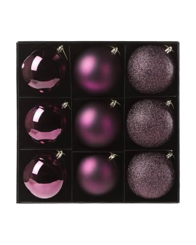 WeRChristmas Set of 9 Purple Shatterproof Christmas Baubles, 10cm - Set of 9 purple 10cm shatterproof baubles with 3 shiny, 3 matt and 3 glitter finishes plus gold caps and hanging strings