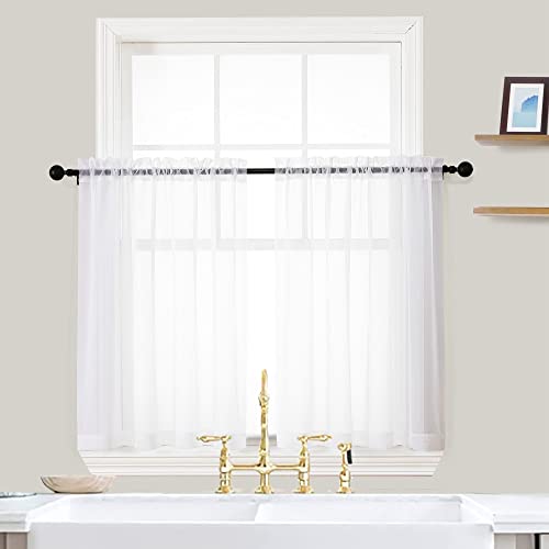 "OVZME White Sheer Curtains 36 Inch Length Kitchen Tiers Short Voile Drapes Solid Sheers Cafe Curtain for Bathroom Small Half Window 2 Panels Set, Rod Pocket, 42"" W x 36"" L"