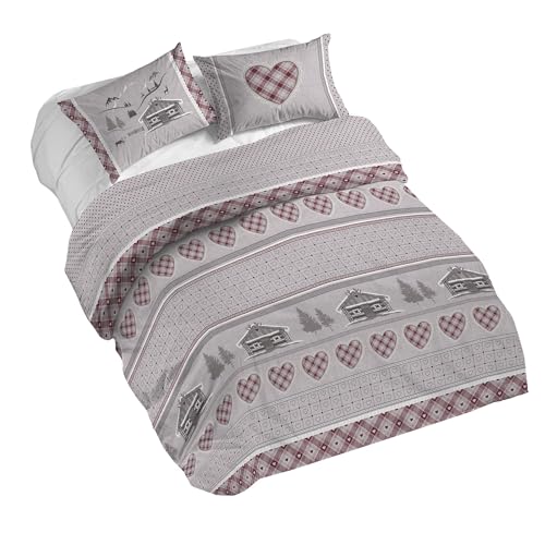 PENSIERI DELICATI 100% Cotton Double Duvet Cover Set, Complete with 250 x 200 cm Bag and 2 Pillowcases 52 x 82 cm, Made in Italy, Duvet Cover Machine Washable At 40 Degrees, Red Chalet Design