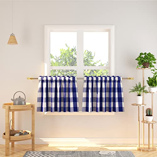Natus Weaver 2 Panels Cotton Cafe Curtain 16 Inches Length, Buffalo Plaid Gingham Check Short Tier Curtains for Kitchen Bathroom Window Curtain, Navy Blue/White