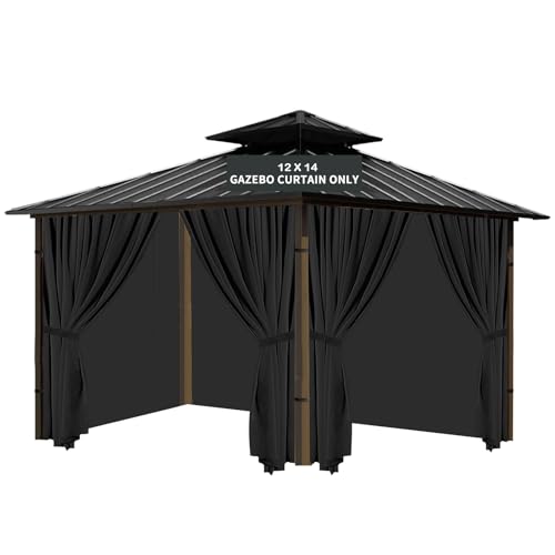 Tngan Gazebo Universal Replacement Privacy Curtain, 12'X14' Gazebo Curtains Outdoor Waterproof, 4-Panels Sidewall with Zipper for Patio, Garden and Backyard (Only Curtains, 12'X14', Black)
