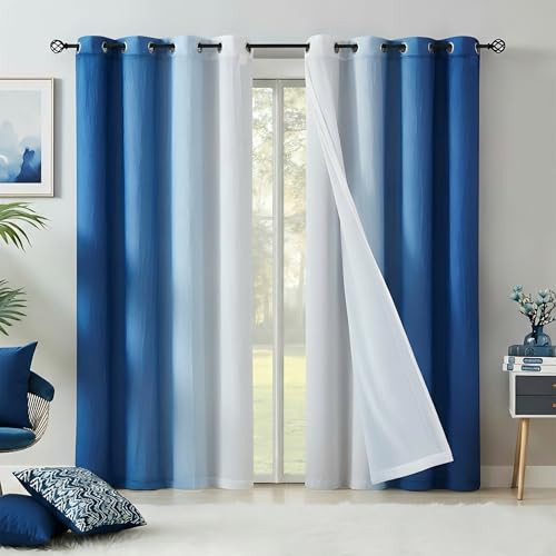 Ombre Blackout Curtains 4 Pieces Set for Living Room Bedroom Decor, 95 Inch Length Mix & Match Double Layers Curtain Panels 90% Room Darkening Thermal Drapes for Office, Nursery, Grommet Top, Blue