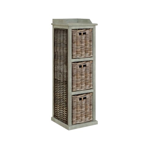 FWStyle Ready Assembled Solid Greywash Pine 3 Drawer Tall Storage Unit, Rustic Bedroom or Hallway Storage Cabinet with Deep Drawers, H120 x W39 x D40 cm