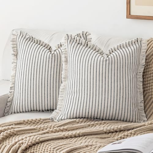 YEENAASY Throw Pillow Covers 20x20 Set of 2 Striped Fringe Pillow Cover Farmhouse Cushion Covers with Tassel Neutral Boho Pillows Decorative Square Pillowcase for Couch Sofa Bed, Black