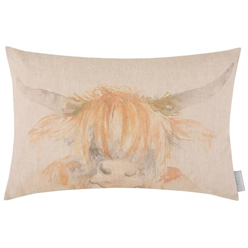 Voyage Maison Highland Coo Feather Filled Cushion – Hand-Painted Watercolour Linen Blend (Multicolour - 40x60cm)
