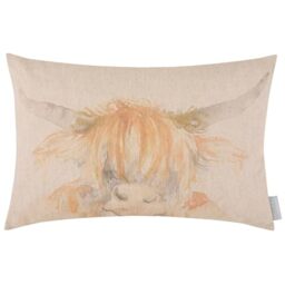 Voyage Maison Highland Coo Feather Filled Cushion – Hand-Painted Watercolour Linen Blend (Multicolour - 40x60cm)