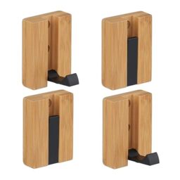 Relaxdays Coat Hooks Set of 4, Bamboo & Metal, Folding, Drilling & Adhesive Mounting, Jacket Hanger, Natural/Black