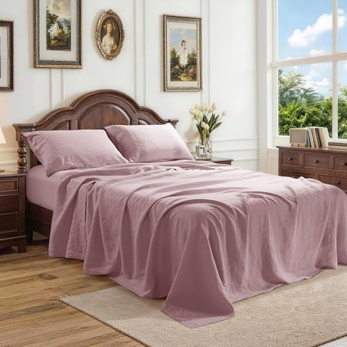 "REDASW 100% Pure Linen Sheet Full Sheet Set 4 pcs with Deep Pocket Fit Up to 16"" Mattress Breathable Bed Set Soft Bedding Comfortable All Season (Embroidery Purple Full)"
