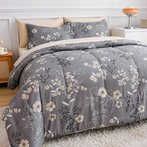 AIKASY Grey King Bed in a Bag 7-Pieces, Comforter Set with Sheets,Tree Branches and Flowers Printing Design,Ultra Soft Down Alternative All Season Bedding Set(King, Grey)