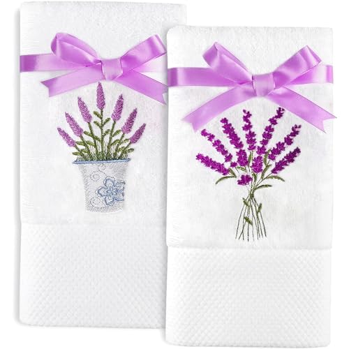 Quera 2 Pack Lavender Hand Towels 100 Percent Cotton Embroidered Premium Luxury Decor Bathroom Decorative Dish Set for Drying, Cleaning, Cooking, 13.7'' x 29.5'', White,Purple (Lavender)