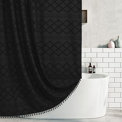 Extra Long Boho Black Woven Fabric Shower Curtain with Tassels 54 x 78 Modern Farmhouse Minimalist, Tufted Chevron Striped Shabby Chic Textured, Water Resistant Cloth Curtain for Bathroom, Hotel Decor