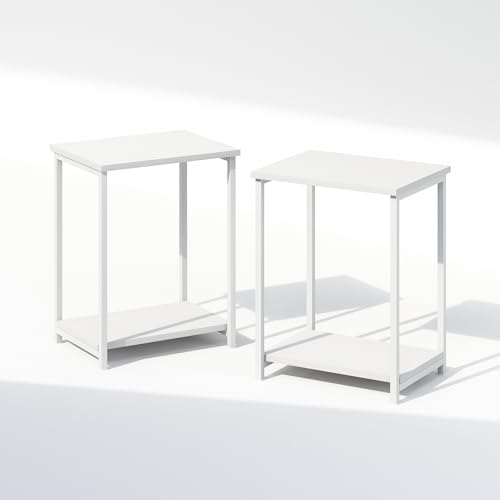 Furinno SIMPLISTIC Night Stand Set of 2, 2-Tier Open Shelf Design Nightstand with Metal Frame, Bedside Table, End Table, Side Table, for Bedroom, Living Room, White