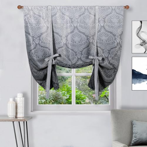 DWCN Ombre Blackout Curtains-Damask Patterned Tie Up Shade for Window Thermal Insulated Room Darkening Rod Pocket Curtains for Kitchen, Grey, W42 X L63 Inches, 1 Panel