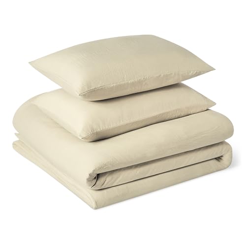 Amazon Basics 3-Piece Brushed Microfibre King Size Duvet Cover Set, Extra Soft Bedding, Relaxed Lived-In Look with Natural Creases, No Ironing Required, 225 x 220 cm & 2 Pillowcases 50 x 80 cm, Beige