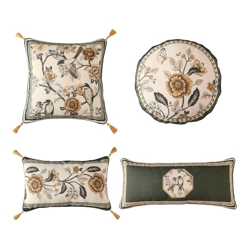 ISAENNE Design Linen Chinoiserie Lumbar Square Round Throw Pillow Covers Set of 4, Farmhouse Cushion Covers with Yellow Floral Birds Pattern Decoration Pillowcases for Bed,Living Room,Outdoor,Car