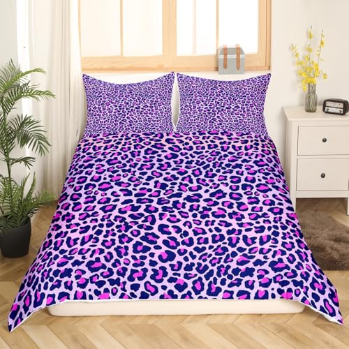 Leopard Print Duvet Cover Girls Pink Purple Cheetah Print Bedding Set Wild Animal Theme Comforter Cover Set for Girl Teens Bedroom Decor Bedspread Cover Full Size with 2 Pillow Case (No Comforter)