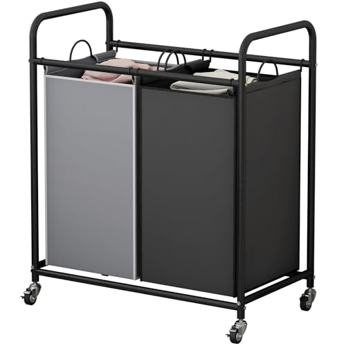 SUOERNUO Laundry Sorter Basket 2 Bag Laundry Hamper Cart with Rolling Lockable Wheels and Removable Bags Laundry Organizer Cart for Clothes Storage