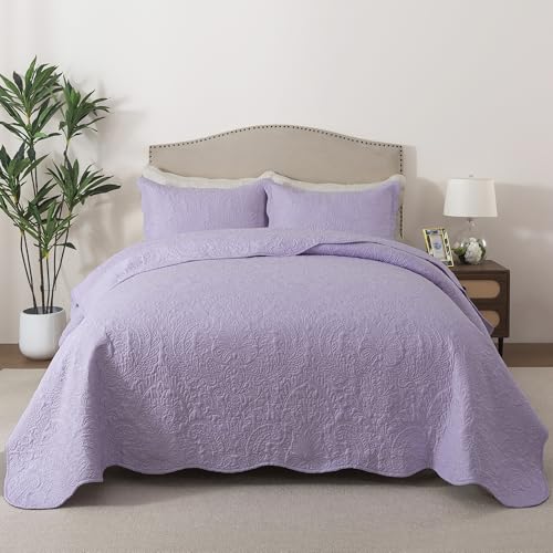 HoneiLife Queen Quilt Bedding Set - Microfiber Quilt Sets for Queen Bed, 3-Piece Lightweight Bedspreads,Reversible Coverlets Rustic Bedlinen Sets, Floral Bedding Set All Season Quilts-Light Purple