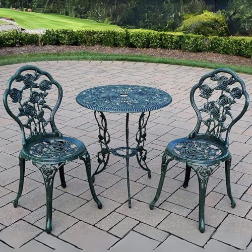 Home Source Rose Bistro Set (Green)– Cast Aluminium, Floral Design & Parasol Hole - 60cm Round Table x 66H cm - 3 Piece Garden Patio Set